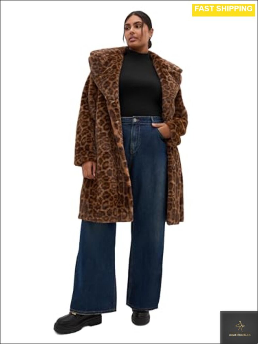 Plus Size Leopard Faux Fur Longline Coat with Pockets